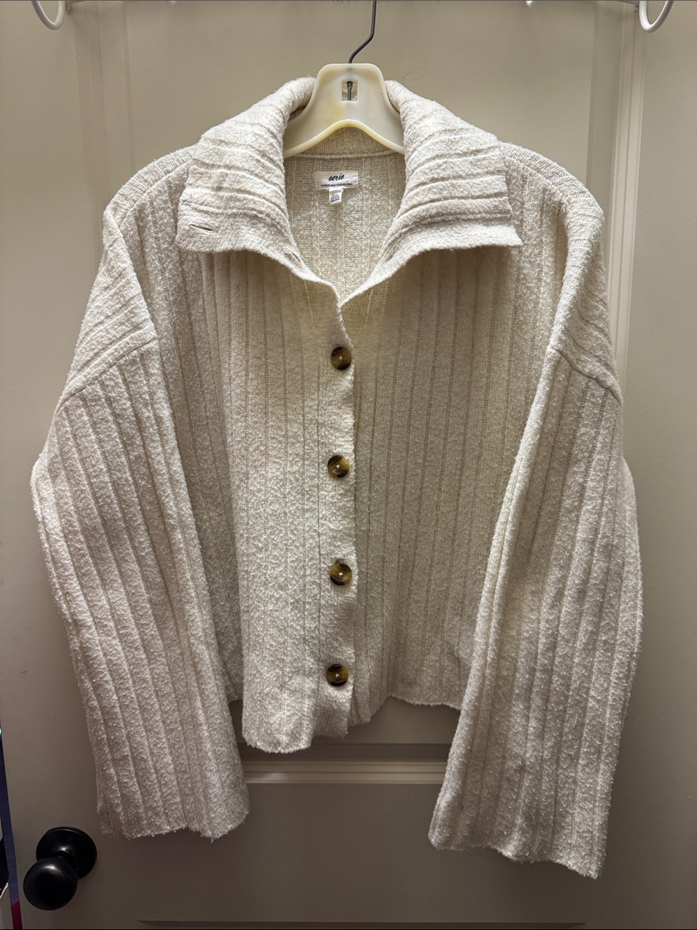 aerie Cream Ribbed Button-Front unREAL oversized Cardigan with Fold Collar